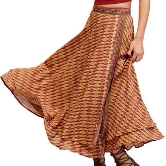 Free People Dresses & Skirts - Free People Earthy Marigold Boho Flowy Wrap Tie Midi Skirt